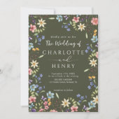 Moderne QR-code Olive Rustic Wildflower Wedding Kaart (Voorkant)