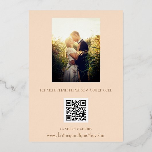 Moderne QR Code Photo Champagne Script Weddenschap Folie Uitnodiging (Achterkant)