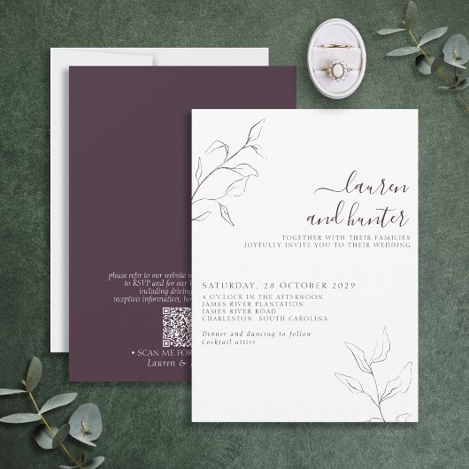 Moderne QR Code plum Paars Botanical Wedding Kaart