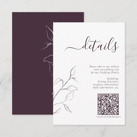 Moderne QR Code Plum Paars Wedding Details Informatiekaartje (Voorkant / Achterkant)