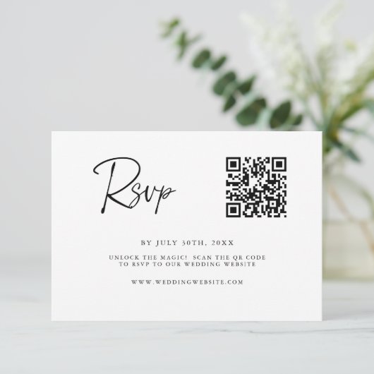 Moderne QR-code RSVP-kaart | Fijne lijnscript Save The Date (Staand voorkant)