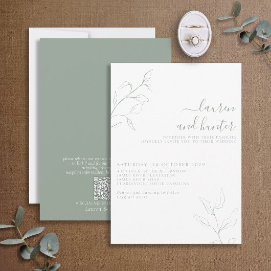 Moderne QR Code Sage Green Script Botanical Weddin Kaart