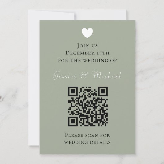 Moderne QR-code Sage Green Wedding Kaart (Voorkant)