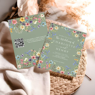 Moderne QR-code Sage Green Wildflower Wedding Kaart