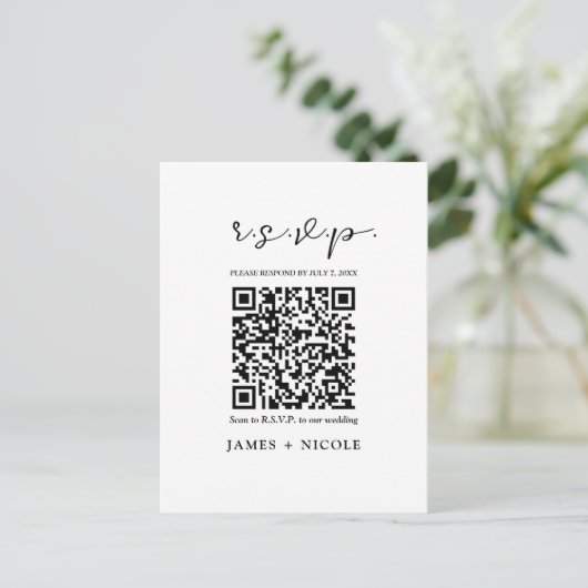 Moderne QR Code Scannable Wedding R.S.V.P. Reactie Briefkaart (Staand voorkant)