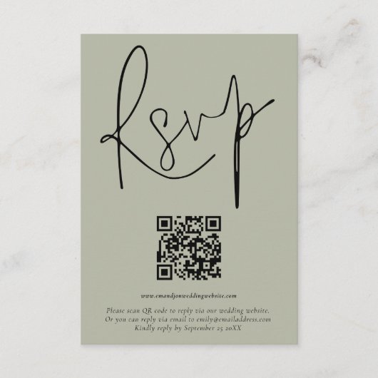 Moderne QR Code Script Weddenschap Zacht Sage RSVP Kaart (Voorkant)