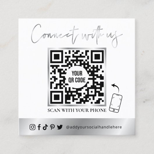 Moderne QR-code Sociale media Wit en Chrome Zilver Vierkante Visitekaartje (Voorkant)