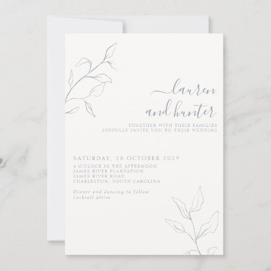 Moderne QR-code Stusty Blue Script Botanical Weddi Kaart (Voorkant)