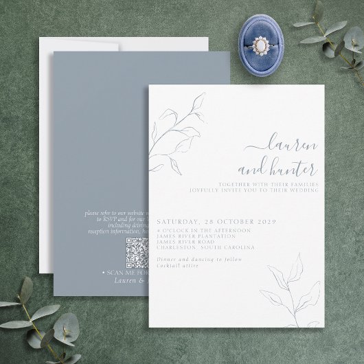 Moderne QR-code Stusty Blue Script Botanical Weddi Kaart