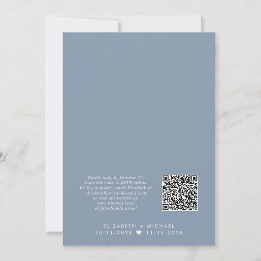 Moderne QR-code Stusty Blue Wedding Reception Kaart (Achterkant)