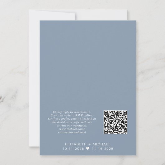 Moderne QR-code Stusty Blue Wedding Reception Kaart (Achterkant)