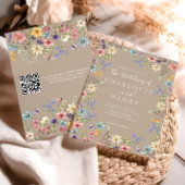 Moderne QR Code Taupe Rustieke Wildflower Wedding Kaart