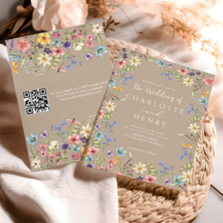 Moderne QR Code Taupe Rustieke Wildflower Wedding Kaart