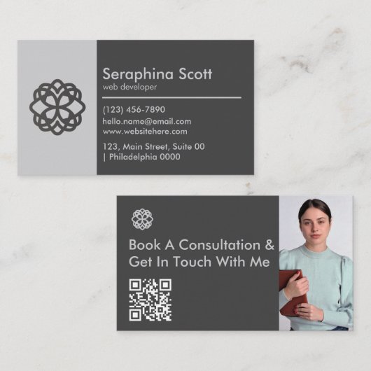 Moderne QR Code Tech Savvy Slank Zwart Grijs Schoo Visitekaartje (Voorkant / Achterkant)