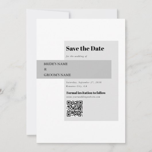 Moderne QR-code voor zwart-withuwelijk Save The Date (Voorkant)