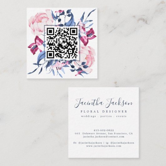 Moderne QR Code Waterverf Bloemblauw Roze Elegant Vierkante Visitekaartje (Voorkant / Achterkant)