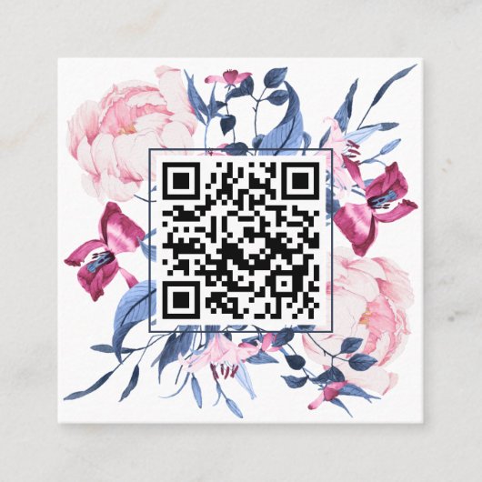 Moderne QR Code Waterverf Bloemblauw Roze Elegant Vierkante Visitekaartje (Voorkant)