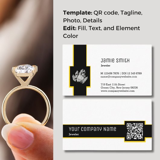 Moderne QR-code zwart, wit, gele accent juwelier Visitekaartje