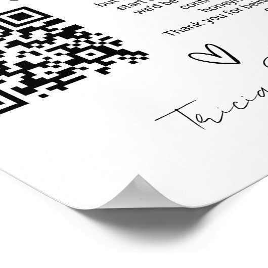 Moderne QR code Zwart wit Honeymoon Fund Wedding Poster (Hoek)
