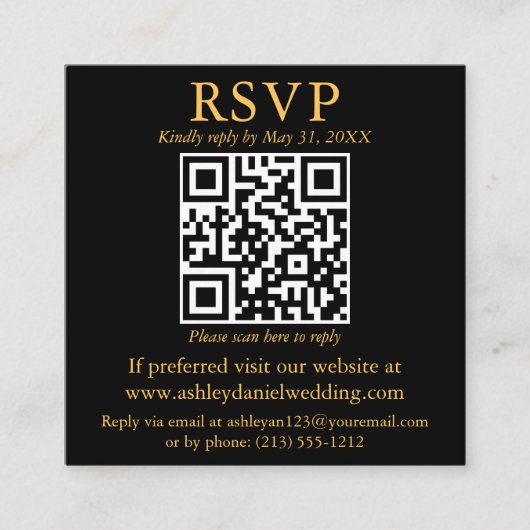 Moderne QR-foto Black Gold Square Weddenschap RSVP Informatiekaartje (Voorkant)