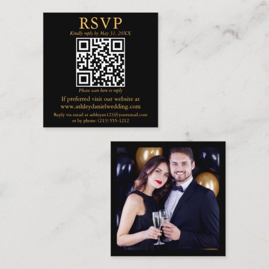 Moderne QR-foto Black Gold Square Weddenschap RSVP Informatiekaartje (Voorkant / Achterkant)