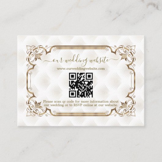 Moderne QR Gold White Art Deco trouwwebsite Informatiekaartje (Voorkant)