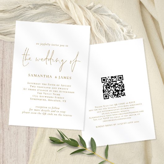 Moderne QR Gold White Wedding Kaart