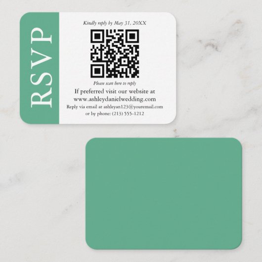 Moderne QR Wedding RSVP Mint Green en White Informatiekaartje (Voorkant / Achterkant)