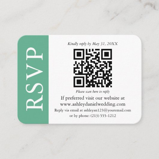 Moderne QR Wedding RSVP Mint Green en White Informatiekaartje (Voorkant)