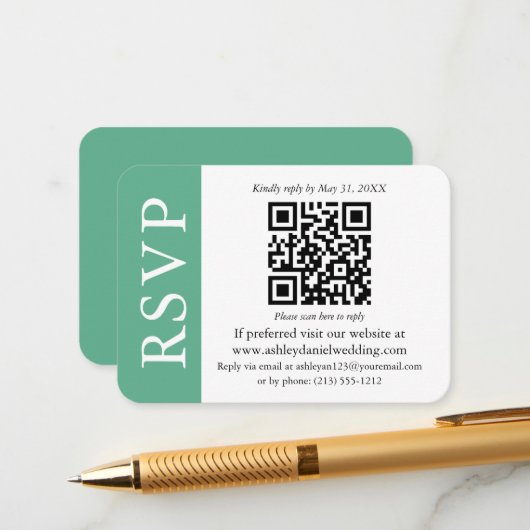 Moderne QR Wedding RSVP Mint Green en White Informatiekaartje (Voorkant / Achterkant in situ)