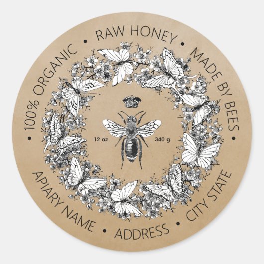 Moderne Queen Bee Butterfly Wreath Honey Ronde Sticker (Voorkant)