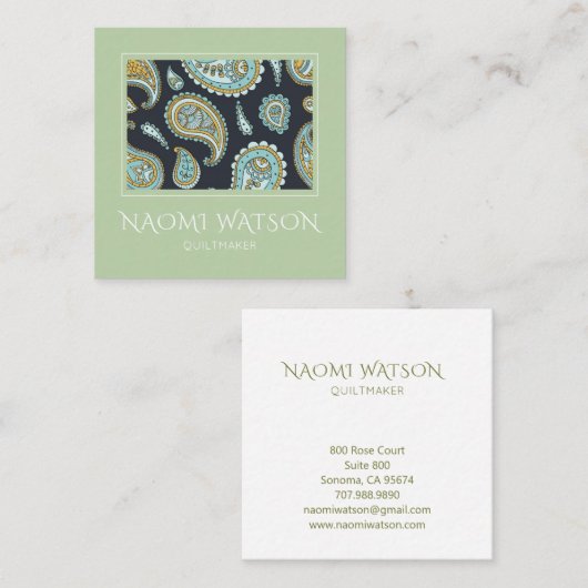 Moderne Quiltmaker Paisley Patroon op Sage Green Vierkante Visitekaartje (Voorkant / Achterkant)