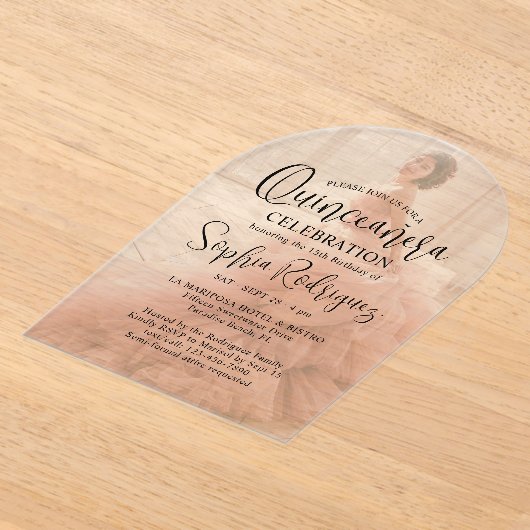 Moderne Quinceañera foto overlay 15e verjaardag Acryl Uitnodigingen (Laagn)