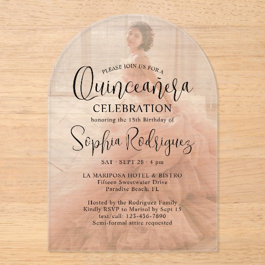 Moderne Quinceañera foto overlay 15e verjaardag Acryl Uitnodigingen (Voorkant)