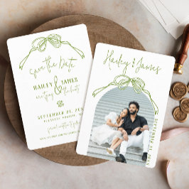 Moderne Quirky Handgetekende Boog GROEN Foto bruil Save The Date