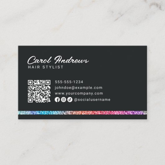 Moderne Rainbow Glitter & Black Hairdresser QR-cod Visitekaartje (Voorkant)