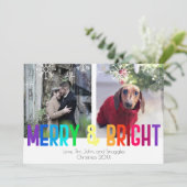 Moderne Rainbow Merry & Bright Two-fotokaart Feestdagenkaart (Staand voorkant)