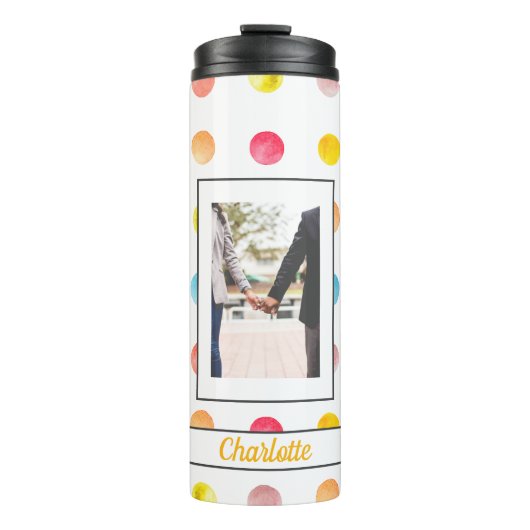Moderne Rainbow Spotty Pattern Foto gepersonalisee Thermosbeker (Voorkant)