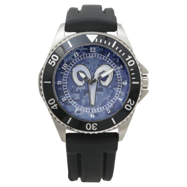 Moderne Ram Zodiac Symbool Marine Blauw Camo Dial Horloge (Voorkant)
