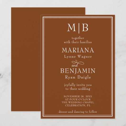 Moderne rand minimalistische boho bruine bruiloft kaart (Voorkant / Achterkant)
