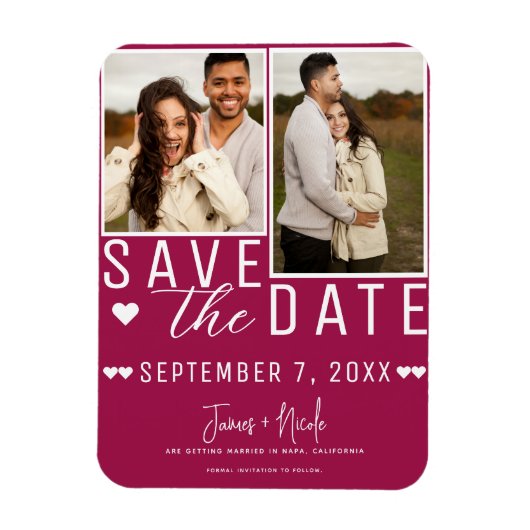 Moderne Raspberry Save the Date 2 Foto Bruiloft Magneet (Verticaal)