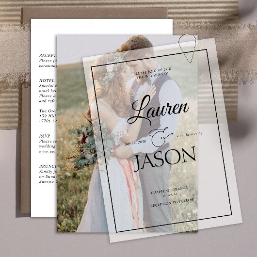 Moderne Real Vellum Overlay Foto bruiloft Details Kaart