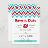 Moderne Red Aqua Chevron & Lovebirds Save the Date Aankondigingskaart (Voorkant / Achterkant)