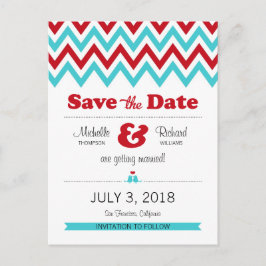 Moderne Red Aqua Chevron & Lovebirds Save the Date Aankondigingskaart