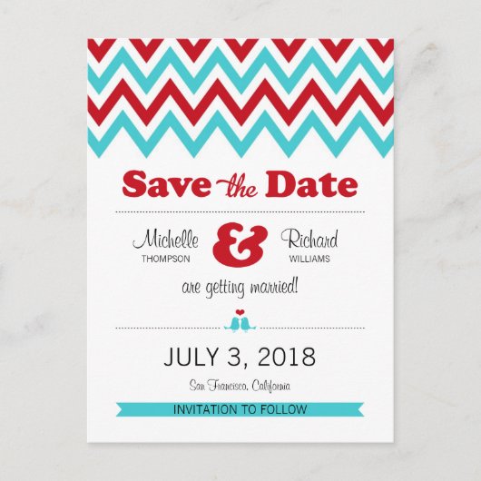 Moderne Red Aqua Chevron & Lovebirds Save the Date Aankondigingskaart (Voorkant)