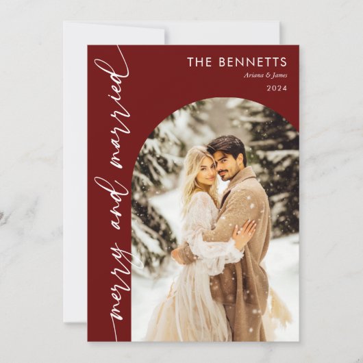 Moderne Red Arch Foto Passen getrouwd Vrolijk & Ge Feestdagenkaart (Voorkant)