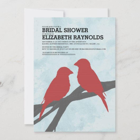Moderne Red Bird Bridal Shower Invitations Kaart (Voorkant)