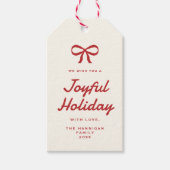 Moderne  Red Bow Candy Cane Stripes Vakantie Cadeaulabel (Voorkant)