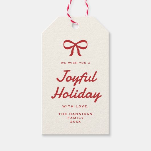 Moderne Red Bow Candy Cane Stripes Vakantie Cadeaulabel (Voorkant)