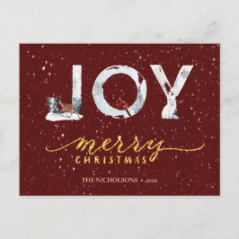 Moderne Red Elegant Gold Script JOY Snow-bedekking Feestdagenkaart